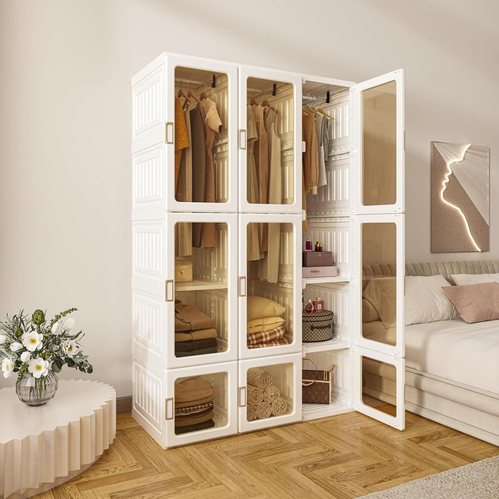 Portable Wardrobe Closet with Hanging Rods & Clear Doors