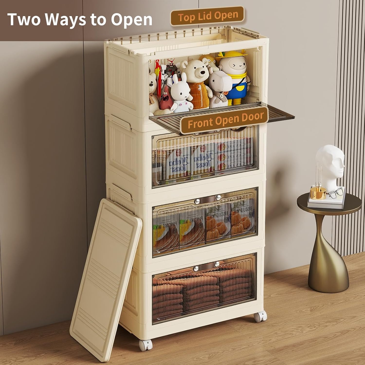 4-Tier Collapsible Storage Bins with Doors & Wheels