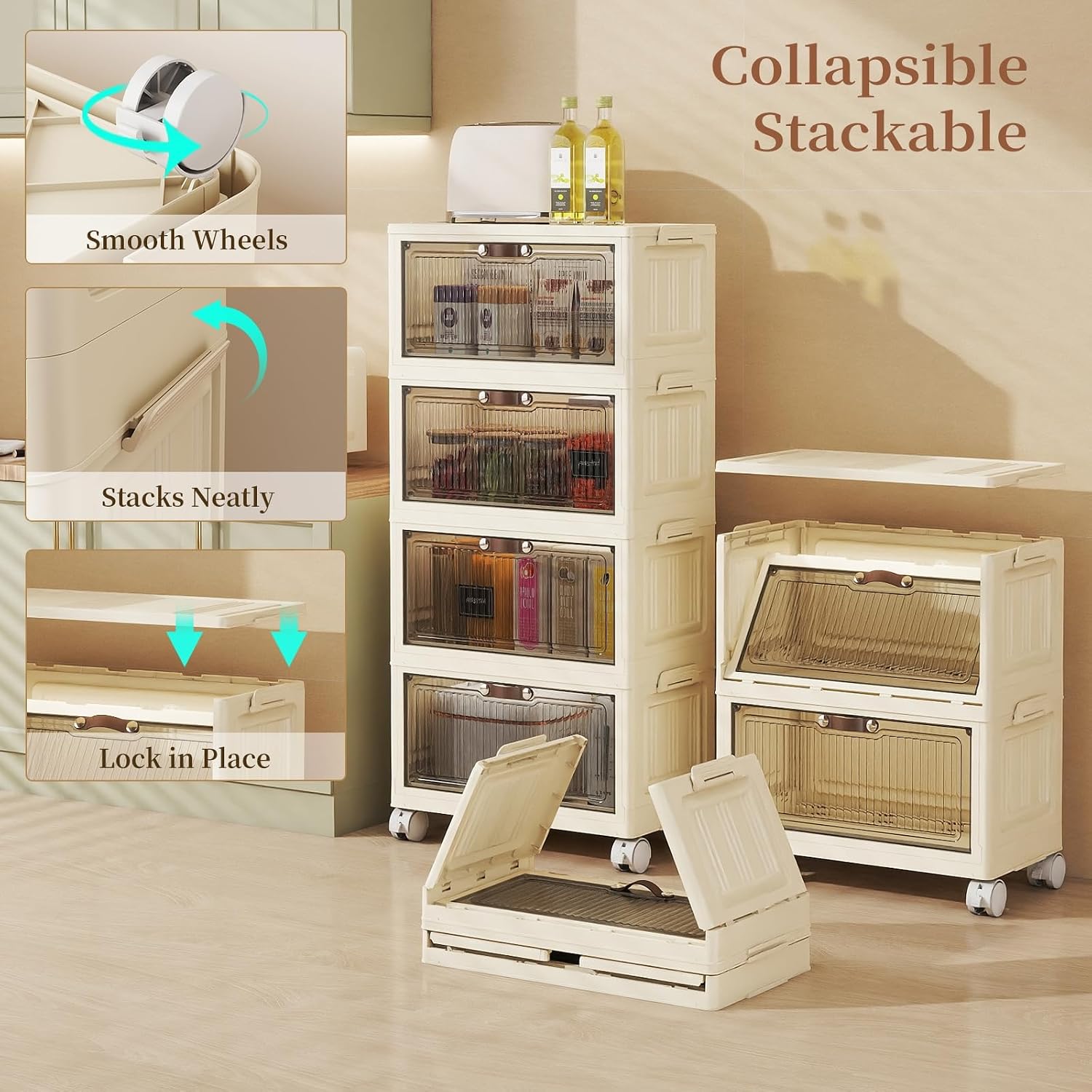 4-Tier Collapsible Storage Bins with Doors & Wheels
