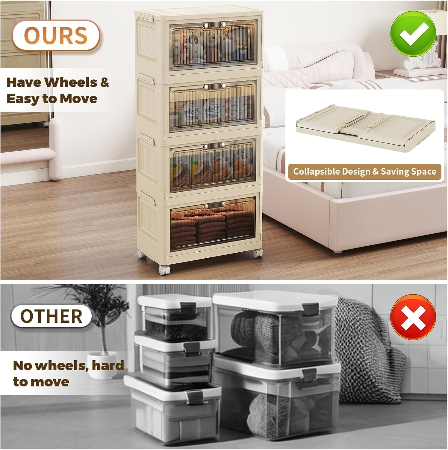 4-Tier Collapsible Storage Bins with Doors & Wheels