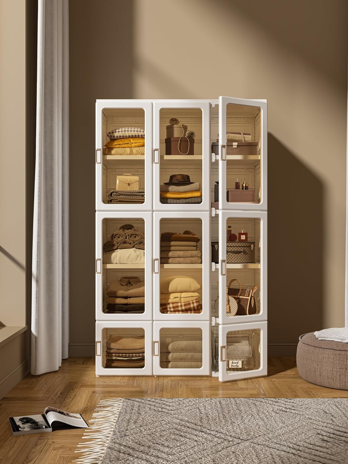 Portable Wardrobe Closet with Hanging Rods & Clear Doors