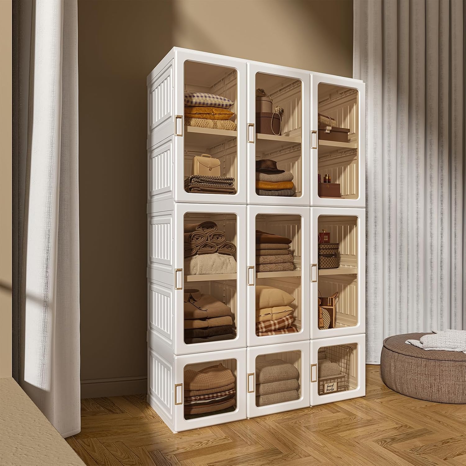 Portable Wardrobe Closet with Hanging Rods & Clear Doors