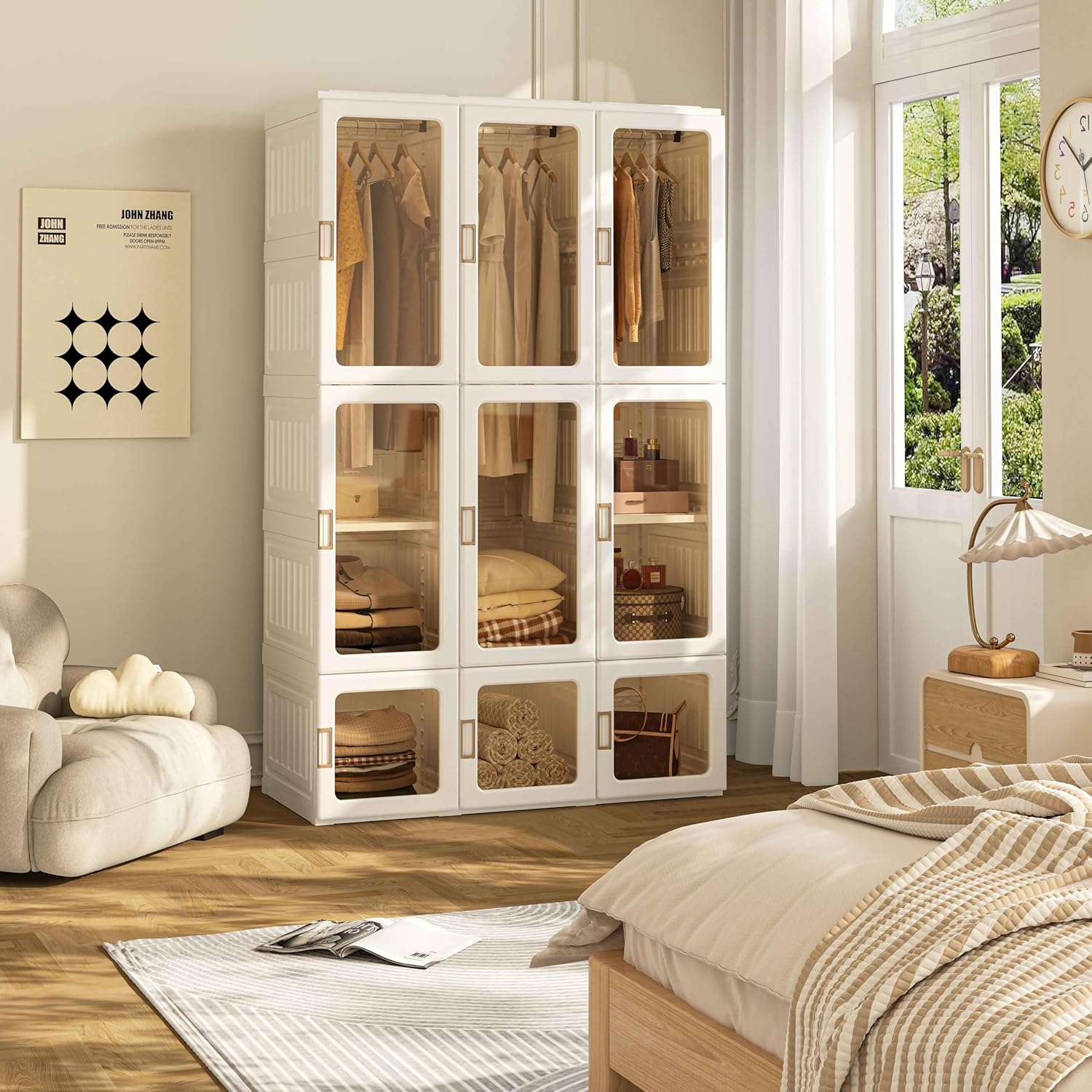 Portable Wardrobe Closet with Hanging Rods & Clear Doors